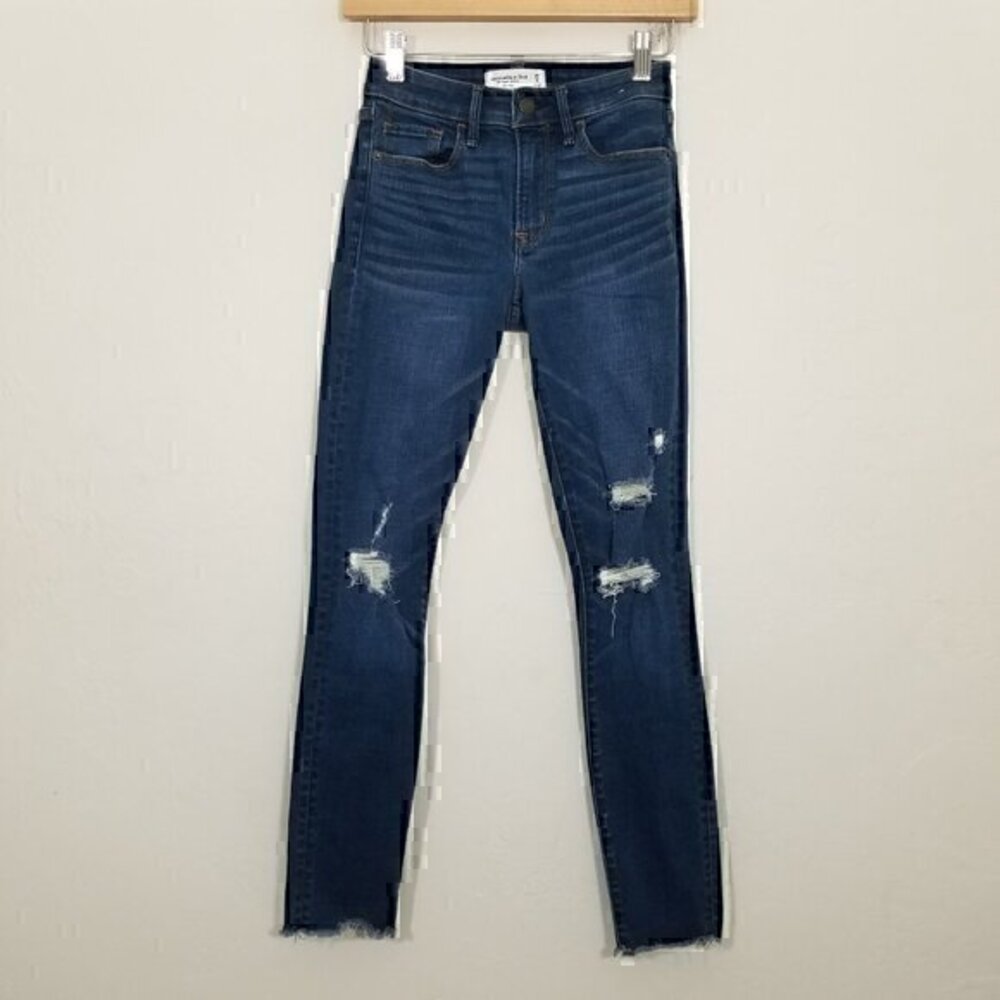 Abercrombie & Fitch The Super Skinny Mid Rise Distressed Jeans Stretch Blue 0/25